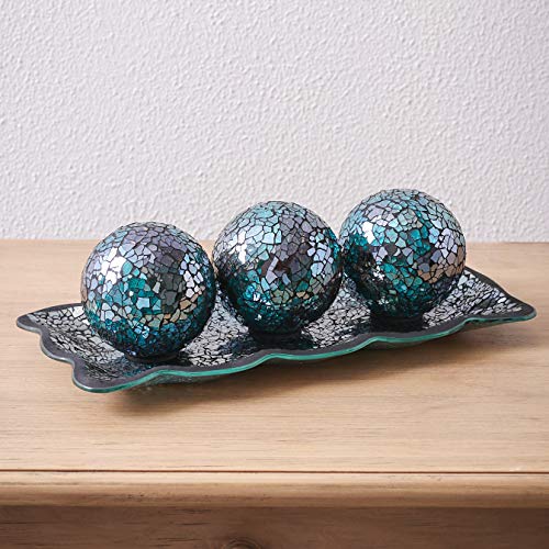 Kmwares 12.4” Mosaic Glass Decorative Tray Dish Plate With 3Pcs 3" Decorative Orbs Balls Sphere Decor For Living Room Or Dining Table Coffee Table Mantle Decor Centerpiece (Turquoise) #TOP2