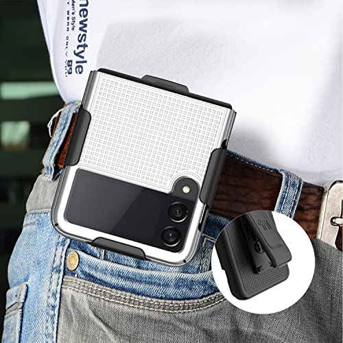 Case With Clip For Galaxy Z Flip 3 5G, Nakedcellphone [Grid Texture] Slim Hard Shell Cover And [Rotating/Ratchet] Belt Hip Holster Holder Combo For Samsung Z Flip3 Phone (Sm-F711) - Pearl White #TOP5