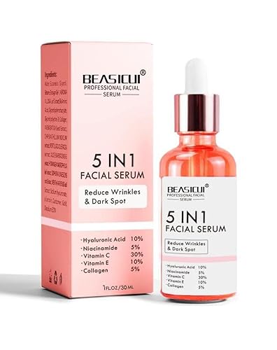 BEASICUI Suero de vitamina C con ácido hialurónico retinol, suero facial 5 en 1 para mujeres, cuidado de la piel coreano, suero iluminador, suero