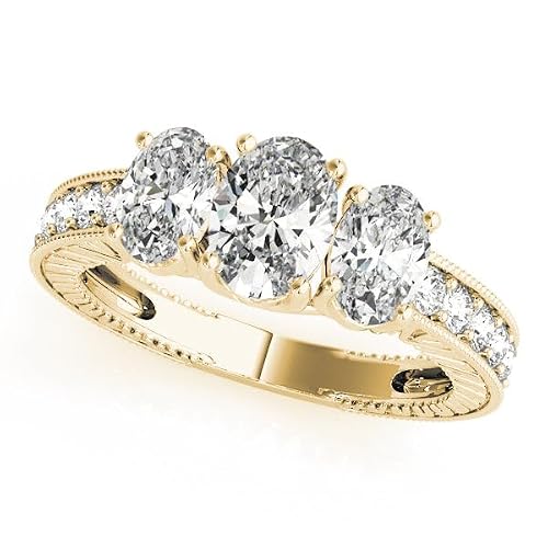 Image of JTC LTD 3 Stone Lab Grown Diamond Engagement Ring | Oval Brilliant Centre with Round Side Stones | 18K Yellow Gold | Antique Engrave Pomise Ring for Women | 3.00Ct-I
