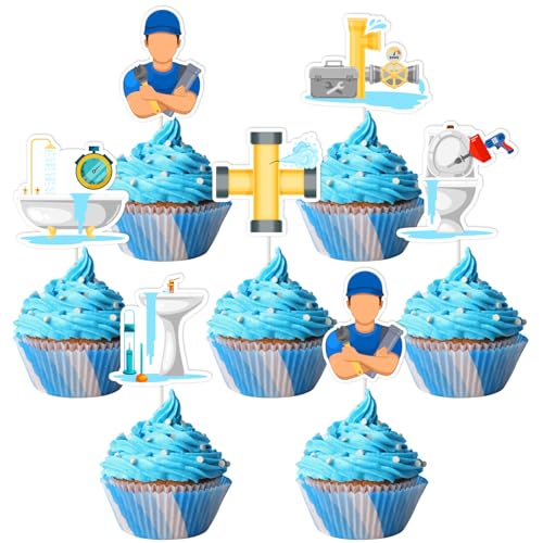 SHADOAMP Plumber Party Decorations 24pcs Plumber Theme Cupcake Toppers Double-Sided Printing Cake Decorations for Repairman Themed Baby Shower Birthday Party Supplies