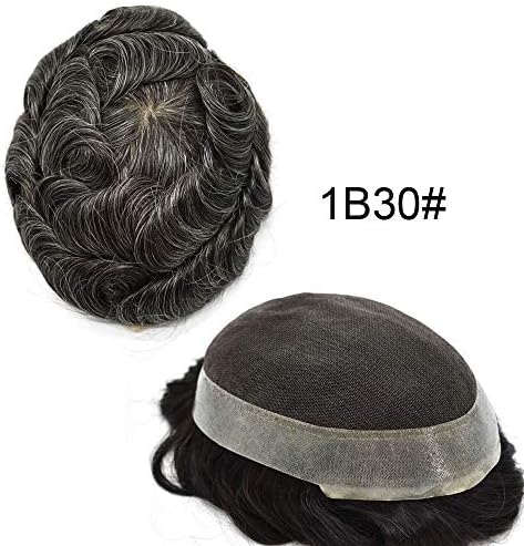 LHC USA Mens Toupee 100% Human Hair Real French Lace Hair Replacement Poly System Breathable Hairpiece Wig (10X8, 1B30#/Off Black+30% Gray)