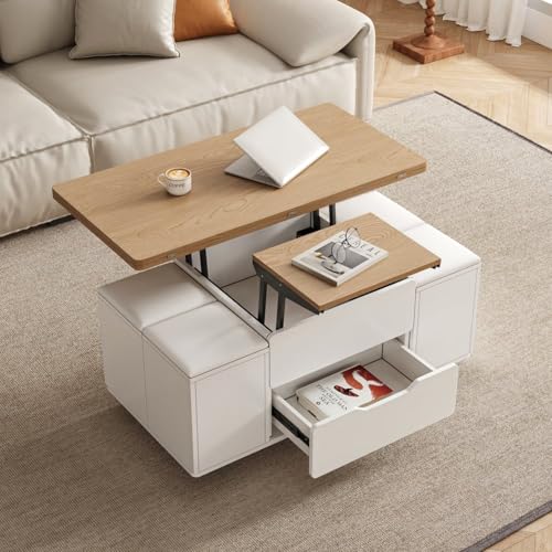 Homary Couchtisch Höhenverstellbar,Wohnzimmertisch mit Schublade,3-in-1-Multifunktions-Couchtisch Umwandelbar Wohnzimmer-Esstisch Arbeitstisch (Weiß & Natur) – Bild 4
