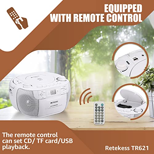 Retekess TR621 CD and Cassette Player Combo, Boombox CD Player for Home, AM/FM, Tape Recording, TF/USB Drive, AC or D Battery Powered, Headphone Jack, Stereo Sound (White) by Retekess - Image 3
