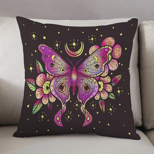 LEZUAHSH Funda de cojín, funda de almohada, decoración del hogar, sala de estar, sofá, mariposa con flores y estrellas, tatuaje impreso en camiseta, 30,5 x 30,5 cm