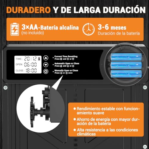 Puerta automática gallinero grande alimentada por batería con temporizador y modo manual 7