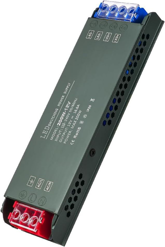 URAQT 12V LED Driver 200W LED Transformer, 220V to 12V Power Transformer, AC 220V to DC 12 Volt 16.6A Compact Ultra-Thin Constant Voltage Low Voltage Transformers for Strip Lights Garden Light