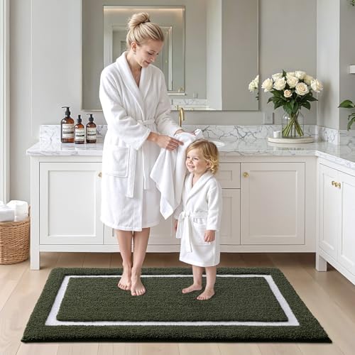 Image of Color&Geometry Green Bathroom Rugs 43x24, Extra Soft Absorbent Microfiber Bath Rugs, Non-Slip Bathroom mat, Washable Plush Bath Mats for Bathroom, Shower, Bathtub, Laundry, Green White
