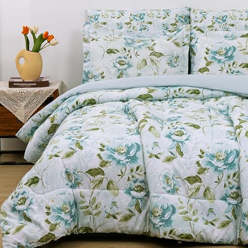 Image of lasoftan Floral Queen Comforter Set with Sheets, 7 Piece Luxury Vintage Bedding, Soft Microfiber Bed in a Bag, Cozy Lightweight Bed Set, Green Leaves Teal Blue Flower