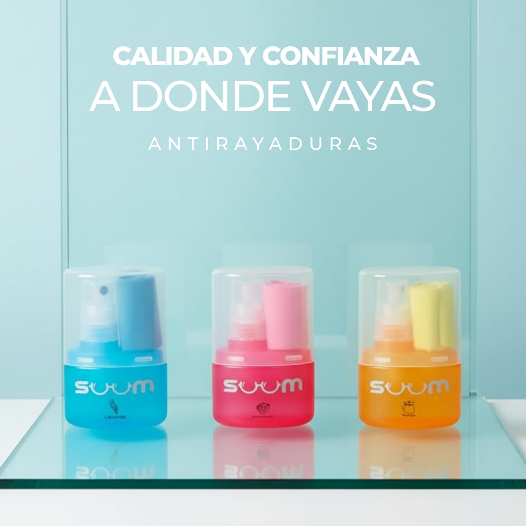 SUUM Confezione da 3 spray per la pulizia degli occhiali con panno in microfibra – Spray per la pulizia e l'appannamento di occhiali e schermi – Detergente per occhiali (fragola, lavanda e arancione)
