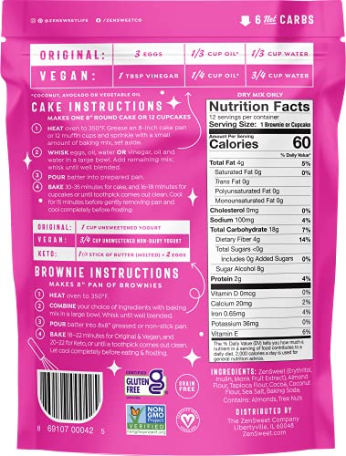 Zensweet Fudge Brownie & Chocolate Cake Mix - Keto Baking Mix With No Sugar Added - 11.25Oz, 1 Pack - Sugar Free, Gluten Free, Low Carb, Low Calorie - With Monk Fruit Sweetener - Makes 12 Keto Brownies #TOP1