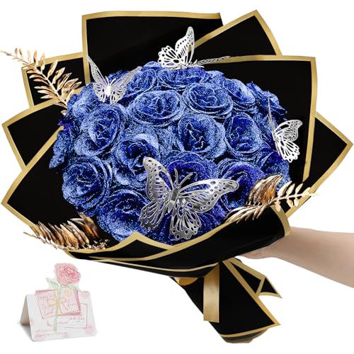 YMDOBIGER Glitter Roses Bouquet, DIY Glitter Flowers Bouquets Blue Artificial Everlasting Elegance Shiny for Graduation Gifts, Anniversary, Birthday, Wedding, 24 Roses