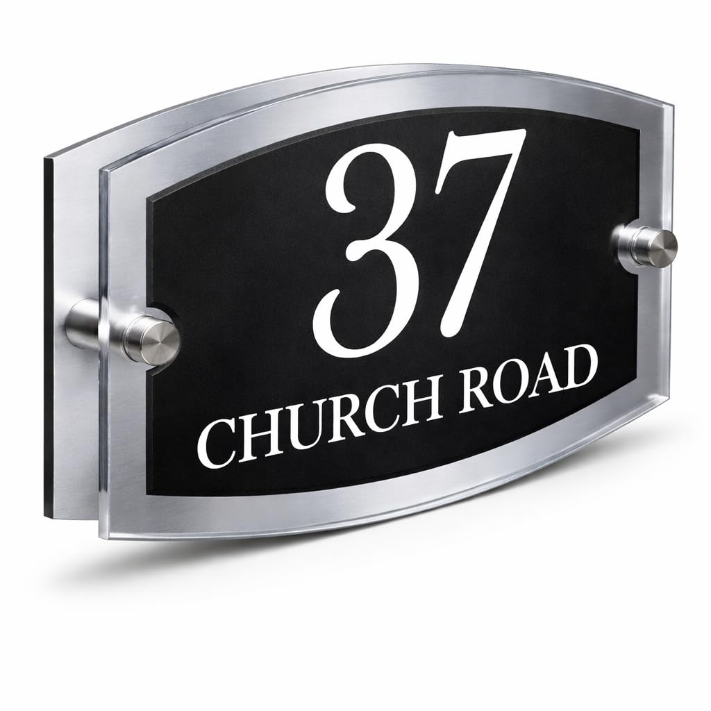 DUAL LAYER STYLISH HOUSE SIGN PLAQUE DOOR NUMBER STREET NAME ACRYLIC & ALUMINIUM COMPOSITE BLACK & WHITE