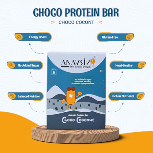 Image of ANAVRIN Choco Coconut Protein Bar - 15g Protein, 4g Fibre in each Bar (6 Bars x 50gm) No Added Sugar, Goodness of Dates, No Soy Gluten Free High Protein Energy Bar, Healthy Snack