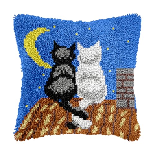 Image of bositigo Cat Latch Hook Pillow Kit for Adults & Kids, DIY Pre-Printed Canvas Craft, 17x17 Inch Decorative Cover for Sofa Cushions, Bedroom Decor (Cat Pattern 35)