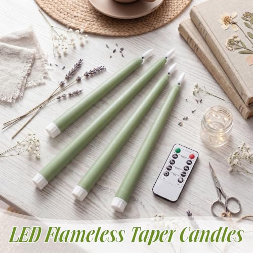 Image of Rossesay 16 Pcs Sage Green Flameless Taper Candles Battery Operated Candles with Remote Timer 8.5 inch 9.6 inch 10.8 inch 12.8 inch Multiple Sizes LED Flickering Candlestick for Wedding Party Centerpieces Decor