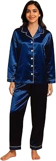 G-KA Women’s Satin Night Suit Pyjama Set Full Sleeve Button Down Soft Silky Comfortable Relax Fit & Breathable Satin Night... Price In India