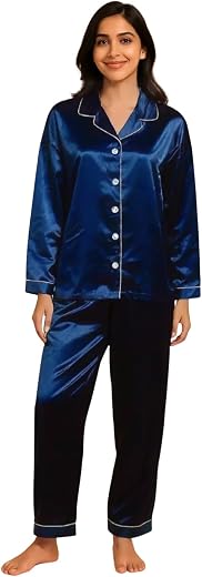 G-KA Women’s Satin Night Suit Pyjama Set Full Sleeve Button Down Soft Silky Comfortable Relax Fit &amp; Breathable Satin Night...