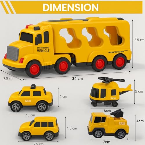 Image of GRAPHENE 5-in-1 Pull Back Friction-Powered Transport Truck Set Light & Music Montessori Carrier Educational Vehicle Mini Helicopter Taxi Toy Boys & Girls Fun Birthday Gift for Kids Ages 3+8years