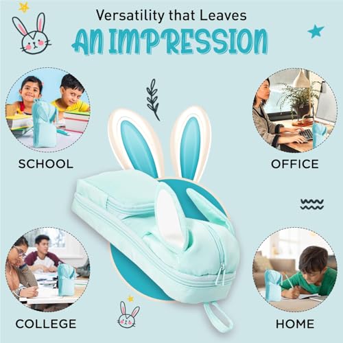 Image of DEOXY Polyester Large Capacity Pencil Pouch for Girls & Boys with 3 Zippers & 5 Compartments | Waterproof Aesthetic Cute Bunny Ears Standing Pencil Case for Kids, Multiutility Pouch (Sea Green)