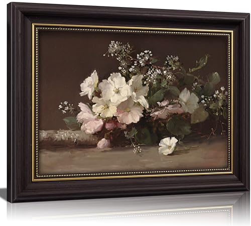 Art mural floral nature morte YUNIXYUE avec cadre vintage foncé et bordure dorée pour salon