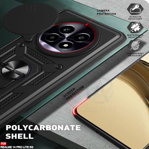 Image of AESTMO Tough Armor Realme 14 Pro Lite 5G Bumper Back Case Cover | Ring Holder & Sliding Camera Shield Cover | 360 Degree Protection Back Case Cover for Realme 14 Pro Lite 5G (Black)