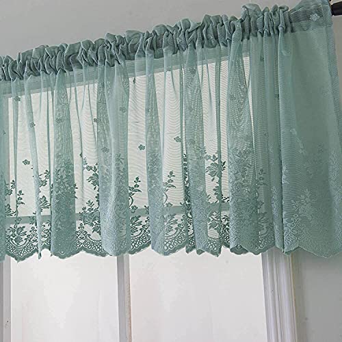 Wubodti Teal Lace Swag Valances For Kitchen Windows 52X16 Inch,Blue Green Semi Sheer Window Valance Embroideried Floral Vintage Sheer Valance Curtain For Dinning Room Bedroom Bathroom Cafe 1 Pcs #TOP1