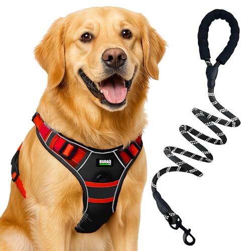 Image of Buraq Reflective Dog Harness with Leash, No-Pull Adjustable Belt Vest for Small, Medium & Large Dogs, Escape-Proof, Padded Training & Walking Harness (Red, L)