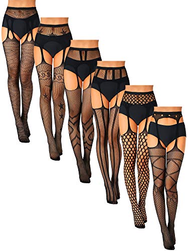 6 Pairs Suspender Pantyhose Stockings Fishnet High Waist Tights for Women Girls (Large)
