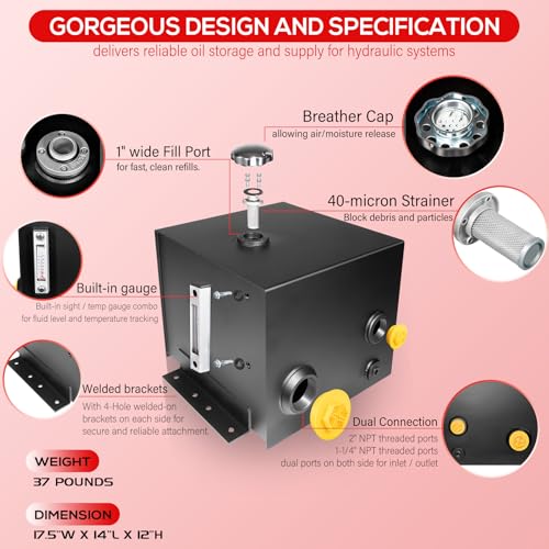 Image of 7-Gallon Hydraulic Fluid Reservoir Tank with Built-in Temp Gauge & Sight Gauge, Breather /Strainer Fill Cap, Horizontal-Mount, 17.5 inchW x 14 inchL x 12 inchH, 14 Gauge Steel