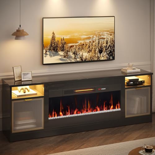 Bestier 70 Inch Fireplace TV Stand for TVs up to 80", LED Entertainment Center with 36" Electric Fireplace, Modern High Gloss Media TV Console with Storage Cabinet for Living Room Bedroom, Black - Image 3