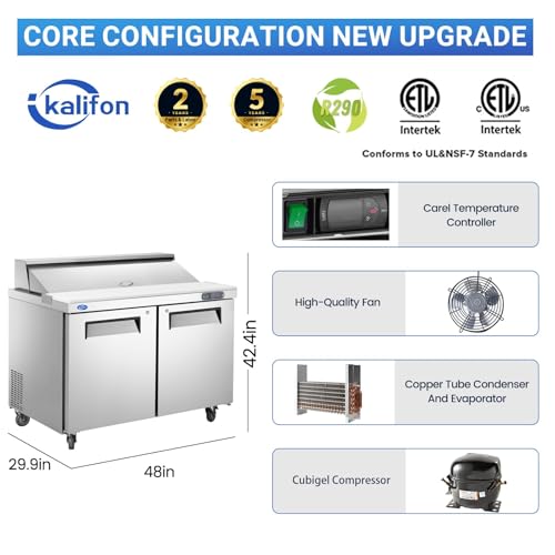 48" W 2 Door Refrigerator Sandwich Salad Prep Table Commercial Stainless Steel Fan Cooling Refrigerator with Cutting Board, 2 Shelves & 18 Pans for Restaurant, Bar, Shop-12.9 Cu.ft - Image 3