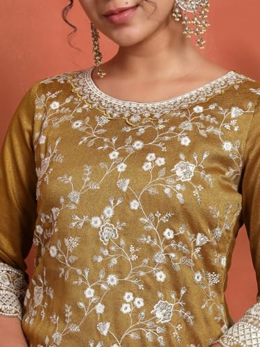 Image of SHOPPING QUEEN Women's Silk Blend Embroidered Kurta and Palazzo Set