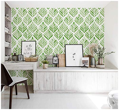 Haokhome 96031-1 Peel And Stick Wallpaper Watercolor Tulip Leaves Green/White Removable Bathroom Corridor Home Wall Decor 17.7In X 9.8Ft #TOP1