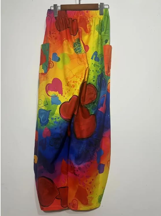 Women's Heart Print Wide-Leg Pants with Pockets, Elastic Waist Loose Trousers, Boho Style, Suitable for Summer Festivals3