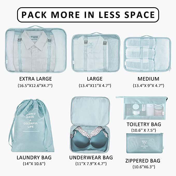 GOPINATH ECOM 7 in 1 Travel Organizer Bag Set Polyester Packing Cubes Luggage Makeup Toiletry Shoe Laundry Bag Lightweight Space Saving Sky Blue 1