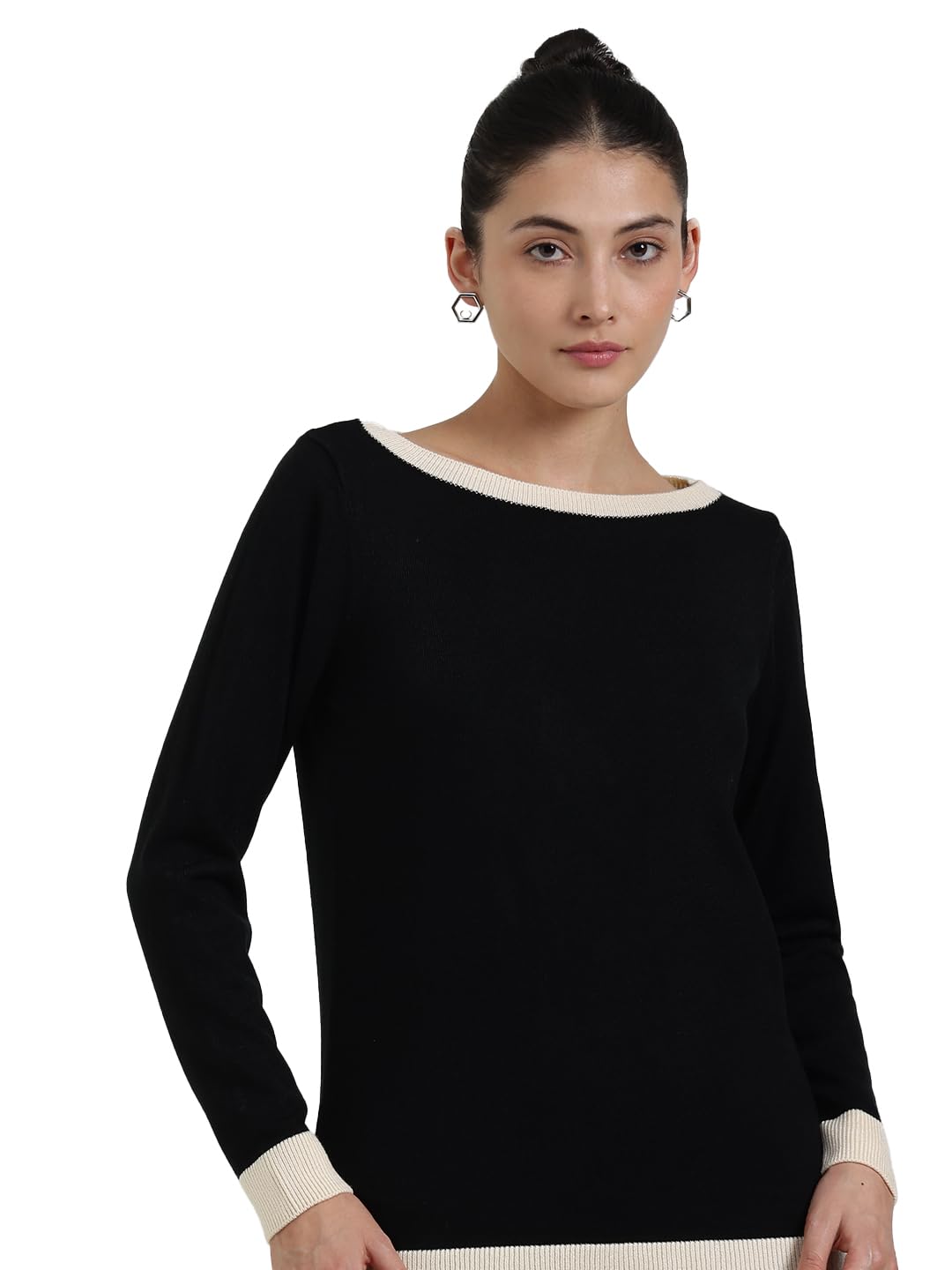 Women Pullover Sweater | Boat Neck Long Sleeve Colourblocked Design | Soft Acrylic Fabric & Ribbed Hemline for Autumn & Winter Casual Wear-image-22