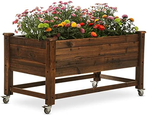 Notume Raised Garden Bed 41x21x20-inch Mobile Elevated Wood Planter Lockable Wheels, Outdoor Wood Elevated Planter Box Kit Customized for Children（Brown）