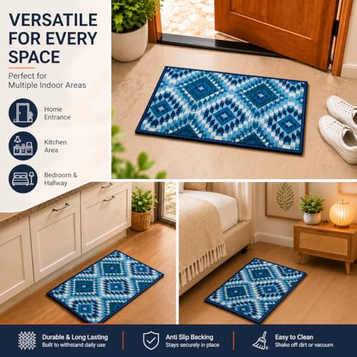 Image of Matz&More Pattern Aztec Diamonds Floor Mat | 40x60 CM | Blue | Nylon Tufted Gel Baking Anti-Slip | Doormat for Home Entrance, Kitchen & Bedroom