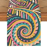 Bohemian Table Runner, Ethnic Swirl Geometric Pattern Linen Table Decor for Cultural and Eclectic Dining Style