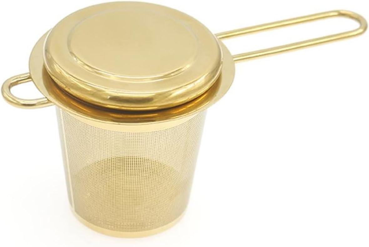 Tea Filters Mesh Tea Infuser Reusable Strainer Teapot Stainless Steel Loose Leaf Spice Filter Folding Handle Drinkware Kitchen Tools(Gold)
