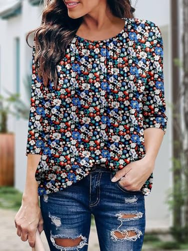 KISSMODA Tunic Tops for Women Loose Fit Dressy Round Neck Pleated 3/4 Length Sleeve Spring Tops