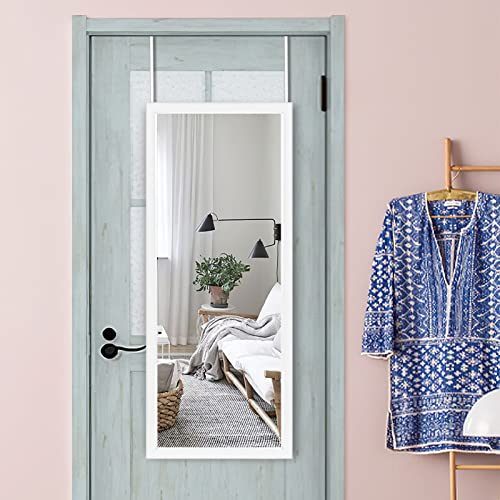 Image of Sleek Frame Door Mirror - Rectangle Wall Mounted or Floor Full Length Over The Door Vertical Hanging Mirror, White, 44''x16''