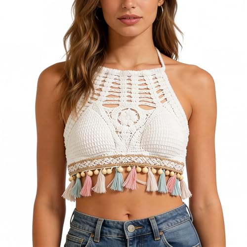 Image of PALAY Women's Summer Beach Backless Crochet Halter Bikini Crop Top Crochet Hollow Out Tassle Embroidery Knit Boho Beachwear