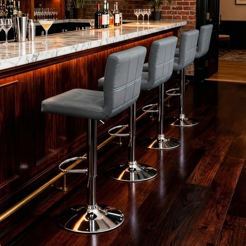Image of ZENY Set of 4 Adjustable Swivel Barstools, Modern PU Leather Kitchen Counter Bar Stools, Square Back Bar Stool (Grey)