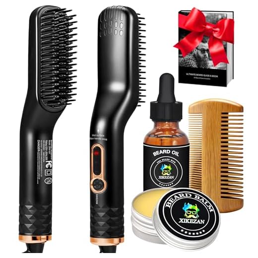 Beard Straightener w/Beard Balm & Beard Growth Oil & Beard Comb & Beard E-Book,Patented Design 3 in 1 Hair Straightener Brush Beard Straightening Comb,Unique Stocking Stuffers Gifts for Men Women Him