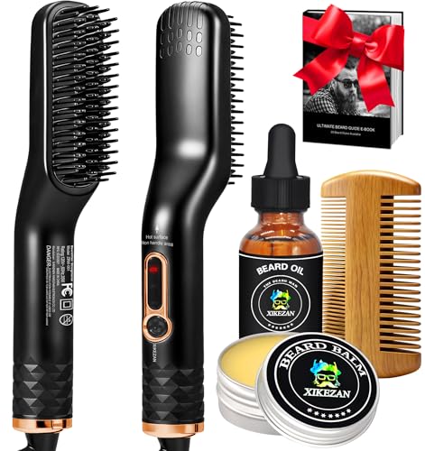 Beard Straightener for Men w/Beard Oil, Balm, Comb & E-Book for All Beard Type,w/Dual...
