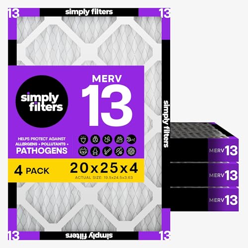 Simply 20x25x4 Air Filter MERV 13 4 Pack Furnace Air Filter for HVAC (Actual Size:19.5x24.5x3.63) DUST Pet & Allergy Control