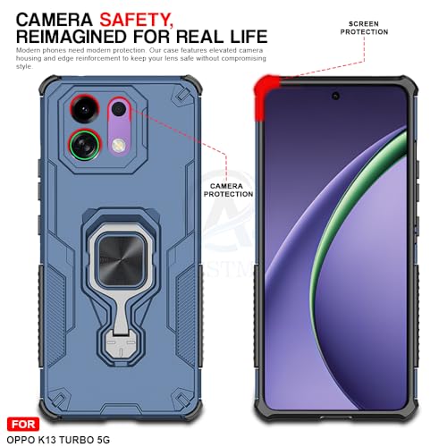 Image of AESTMO Armor Back Cover for Oppo K13 Turbo /Turbo Pro 5G | Ring Holder & Kickstand & Camera Protection in-Built | 360 Degree Protection Back Case Cover (Blue)