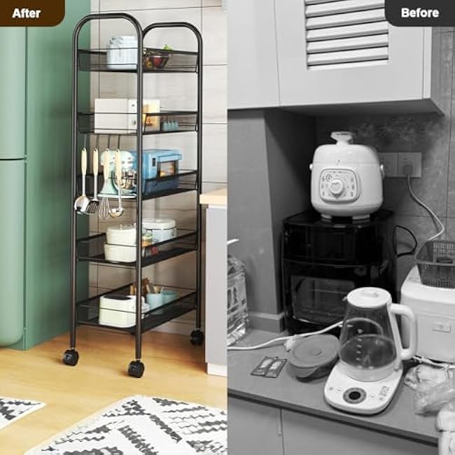 5 Tier Rotating Storage Rack Cart, Metal Mesh Rolling Cart Organizer with Top Lid, Fruit and Vegetable Storage Trolley, Metal Wire Shelf with Lid for Kitchen, Living Room, Black-gXT9joMW